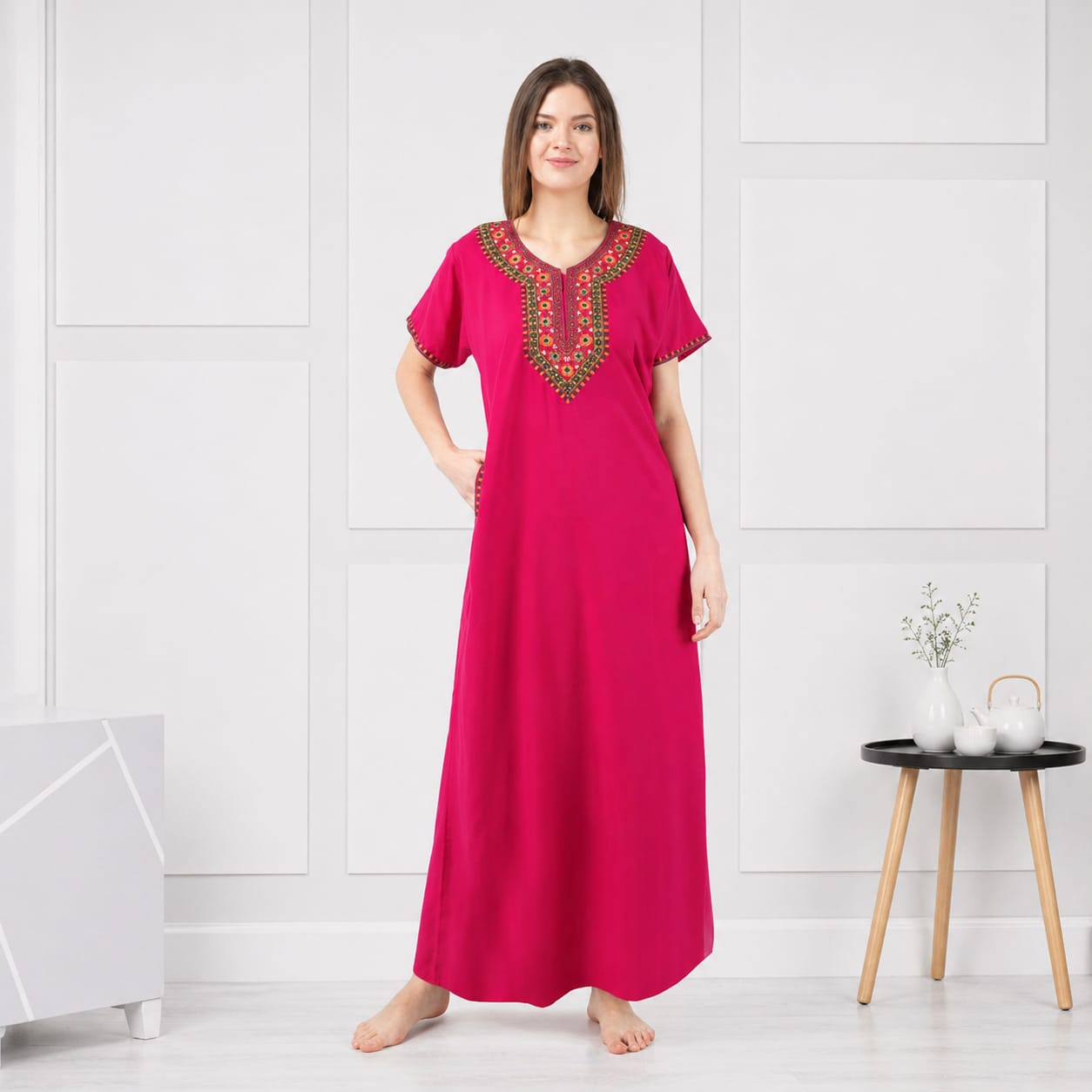 V-shaped Embroidery Night Gown