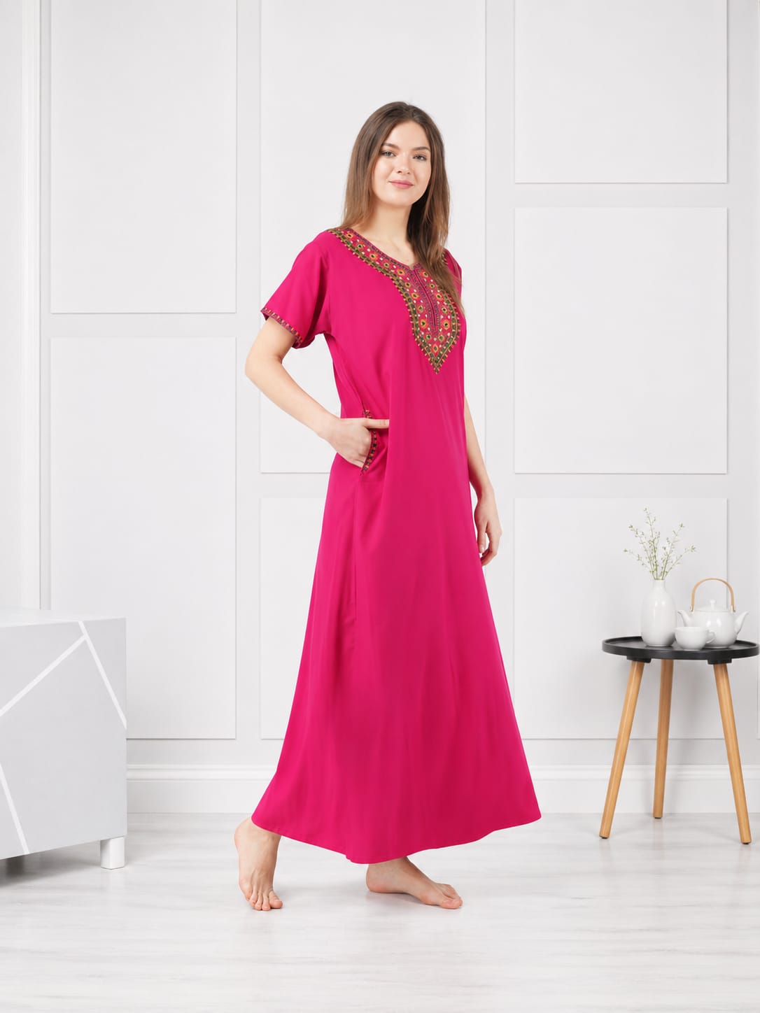 V-shaped Embroidery Night Gown