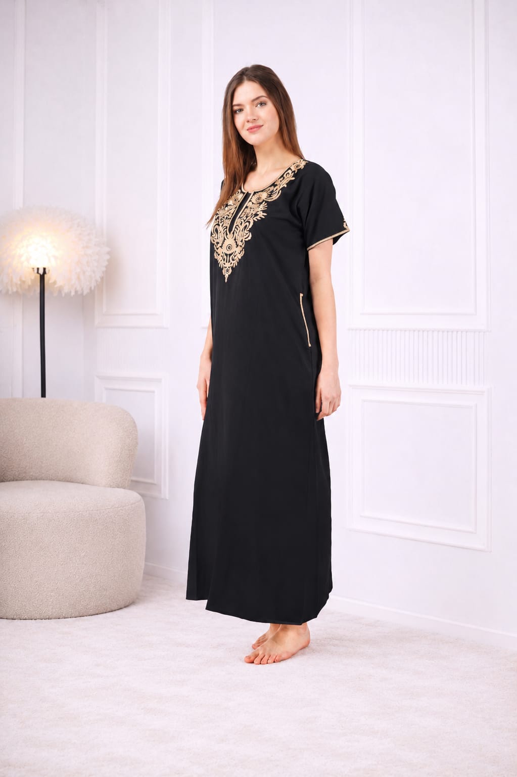 Creme Floral Embroidered  Nightgown