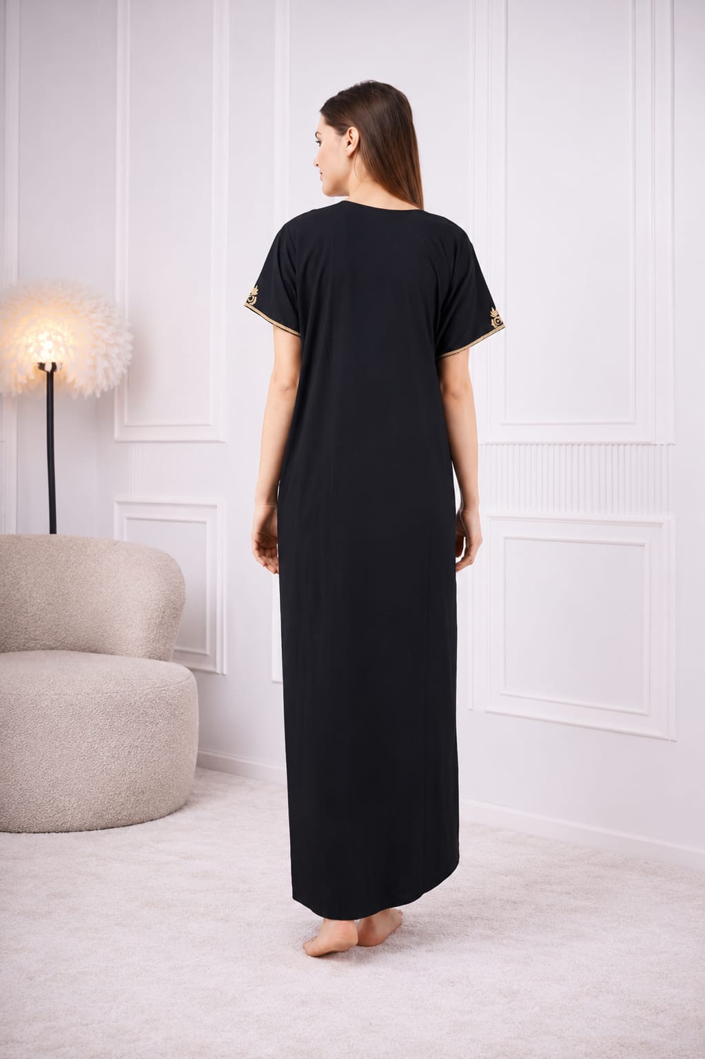 Creme Floral Embroidered  Nightgown