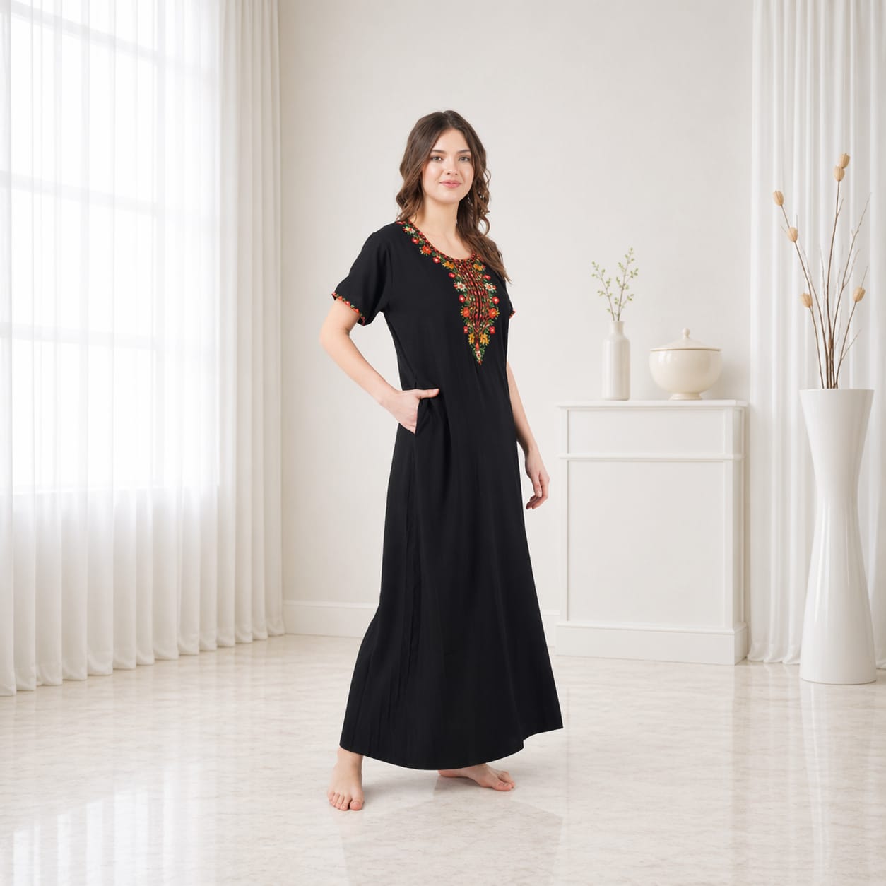 Multifloral Embroidery Night Gown
