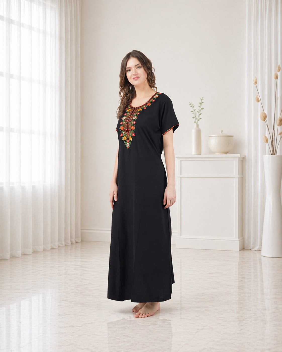 Multifloral Embroidery Night Gown