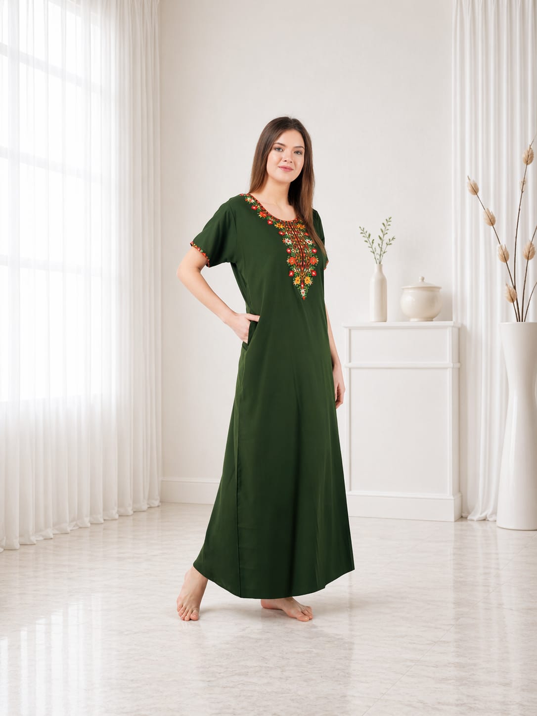 Multifloral Embroidery Night Gown