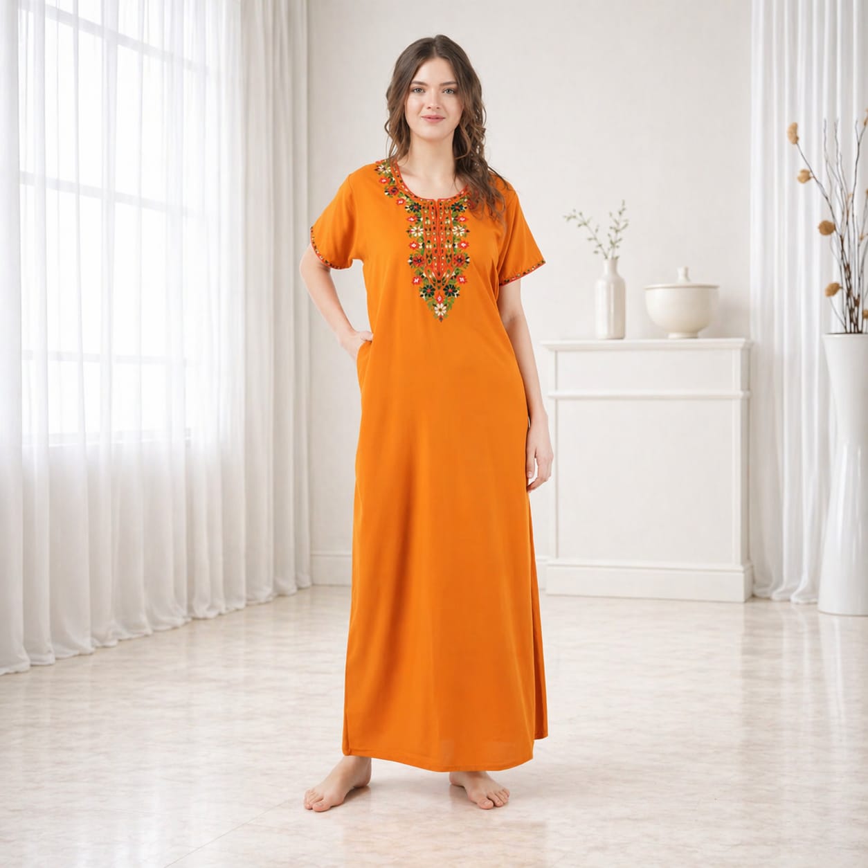 Multifloral Embroidery Night Gown
