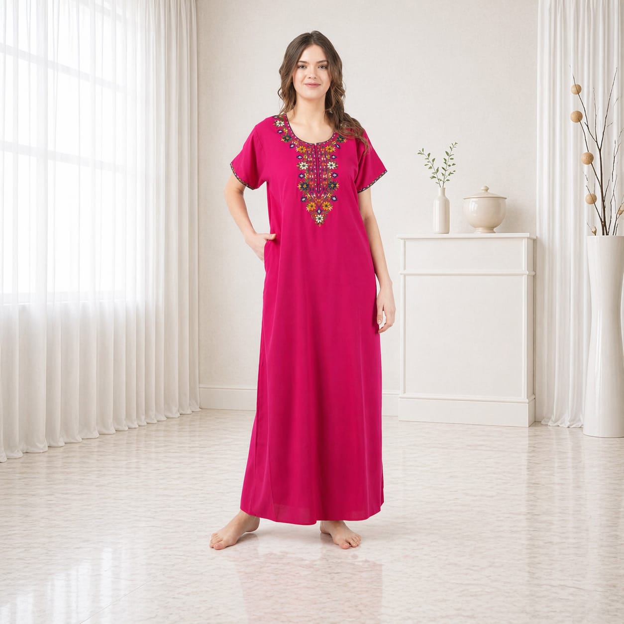 Multifloral Embroidery Night Gown