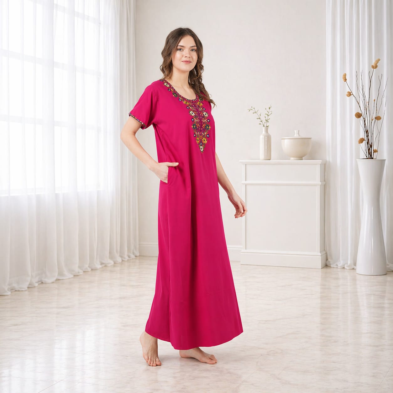 Multifloral Embroidery Night Gown