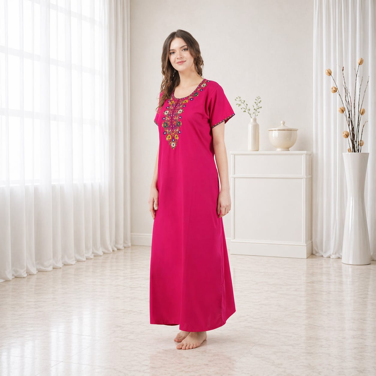 Multifloral Embroidery Night Gown