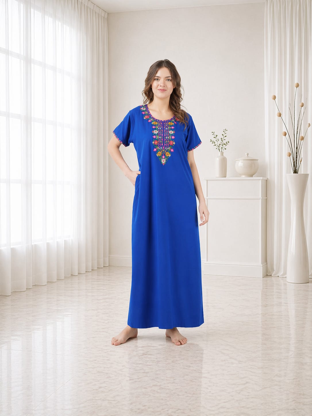 Multifloral Embroidery Night Gown
