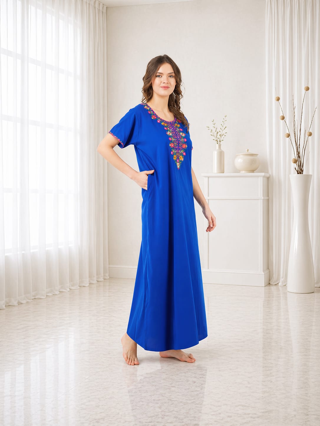 Multifloral Embroidery Night Gown