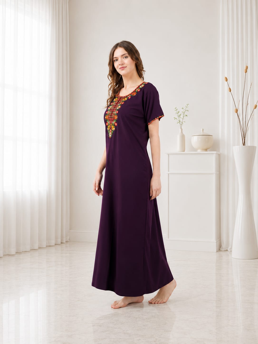 Multifloral Embroidery Night Gown