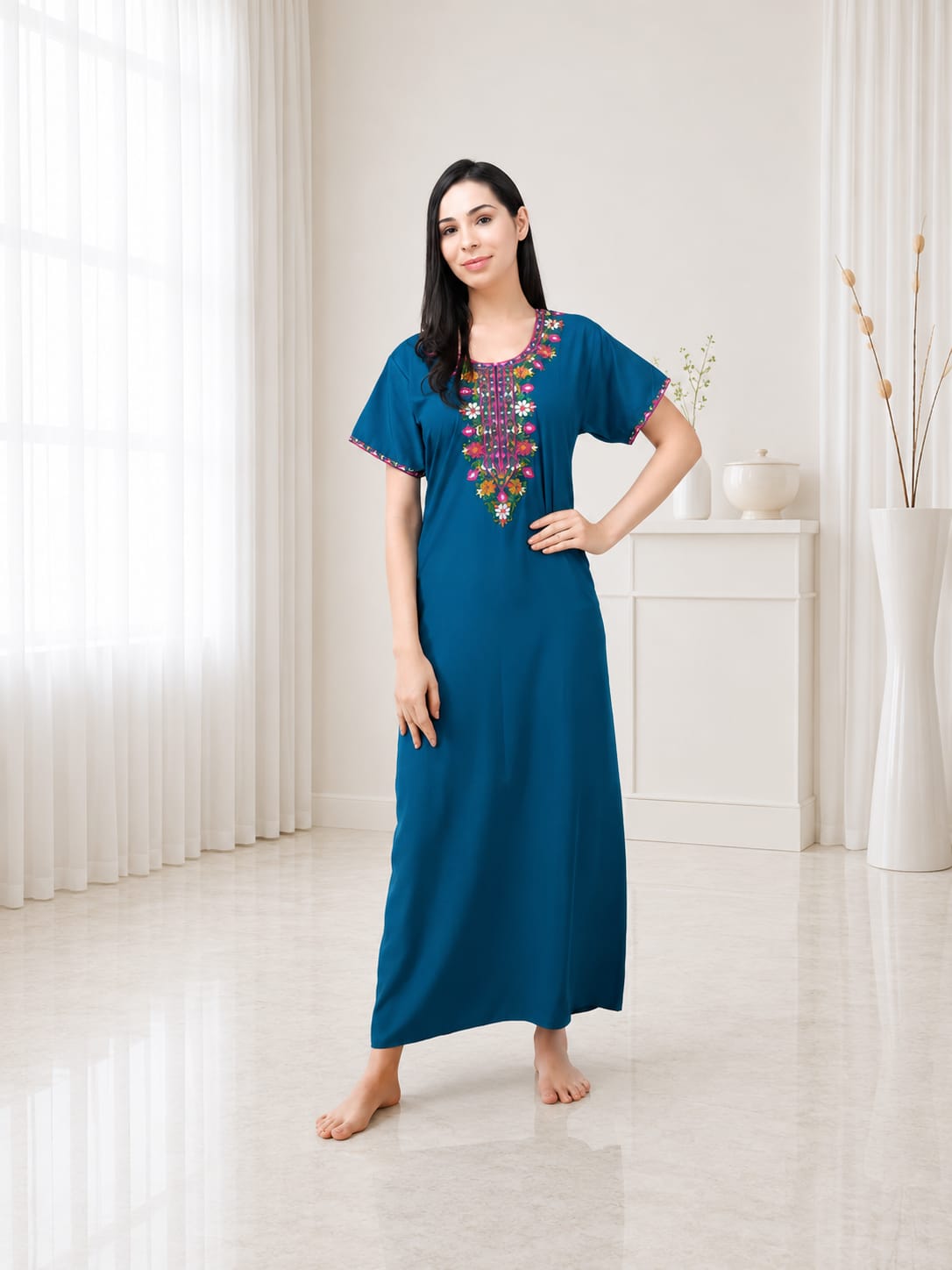 Multifloral Embroidery Night Gown