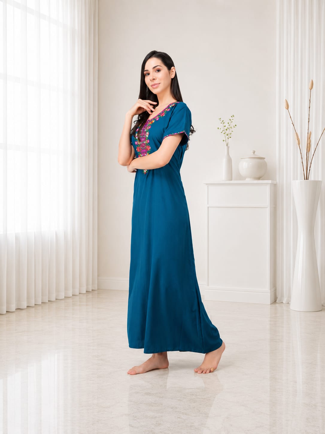 Multifloral Embroidery Night Gown