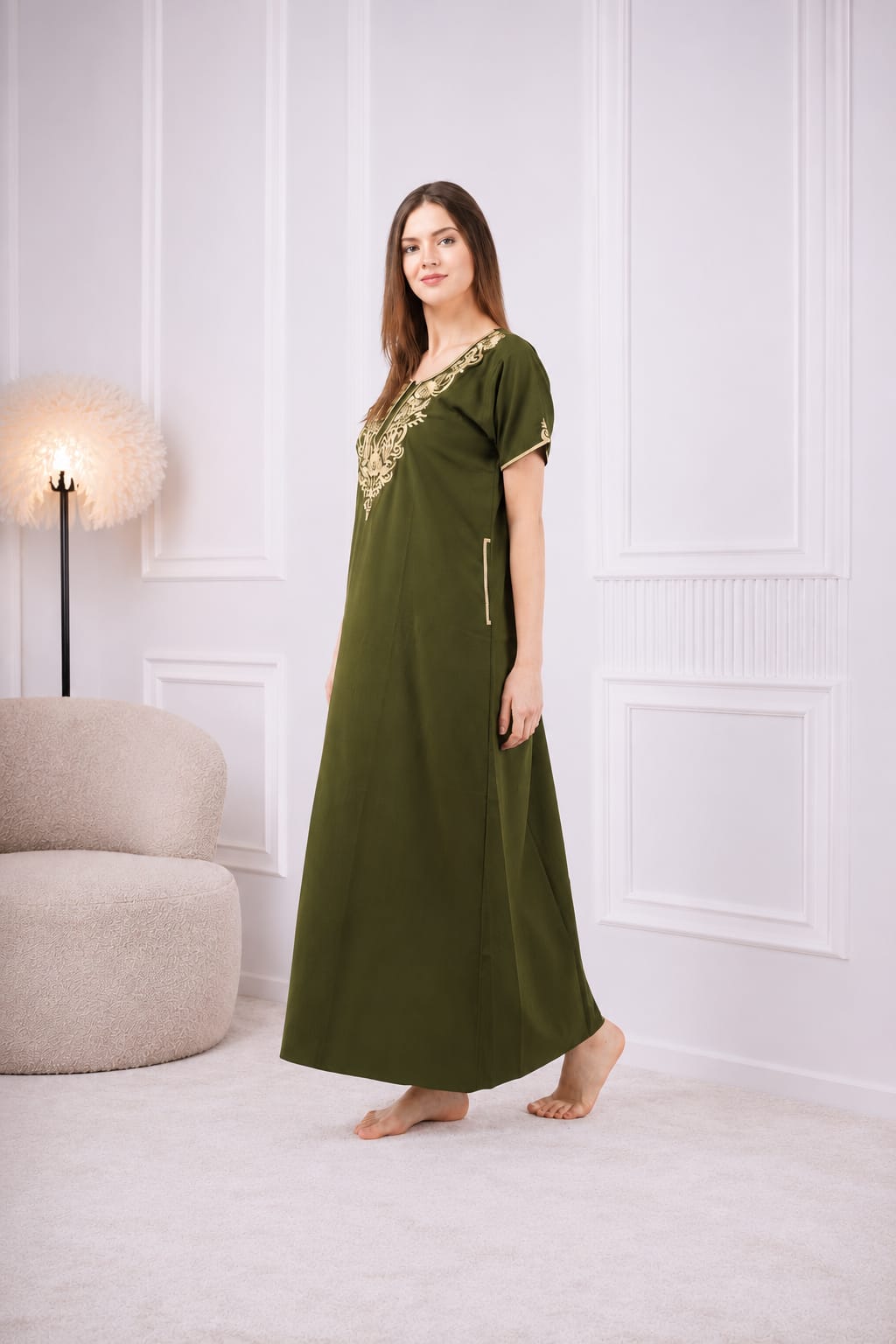 Creme Floral Embroidered  Nightgown