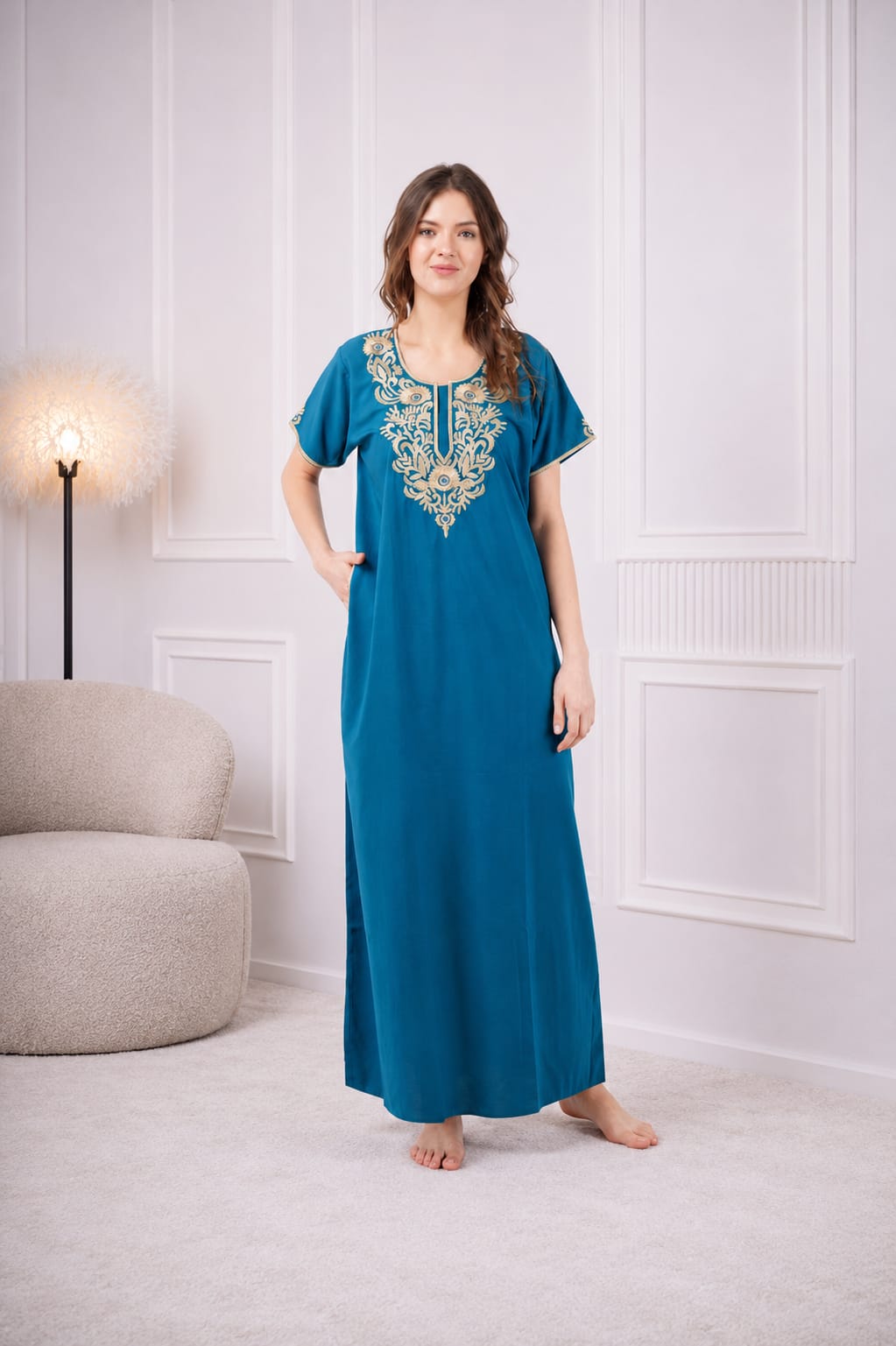 Creme Floral Embroidered  Nightgown