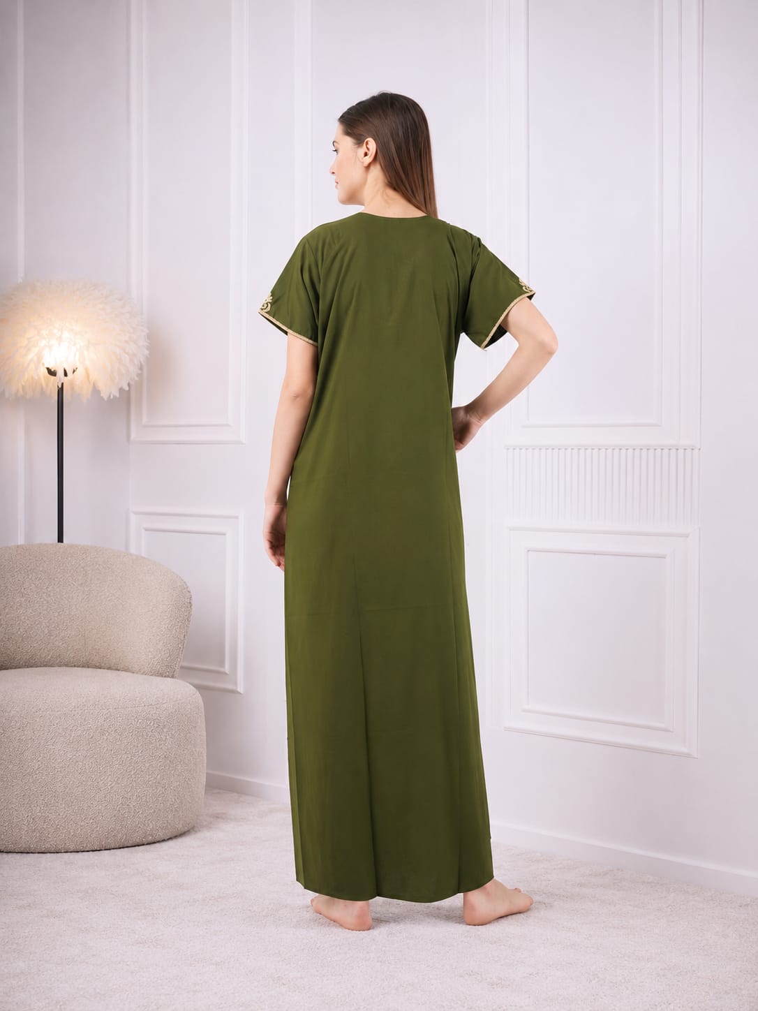 Creme Floral Embroidered  Nightgown