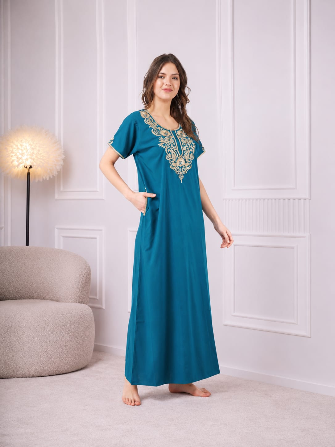 Creme Floral Embroidered  Nightgown