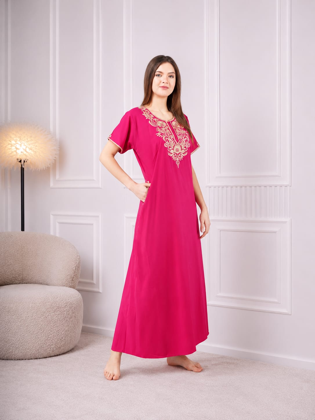 Creme Floral Embroidered  Nightgown