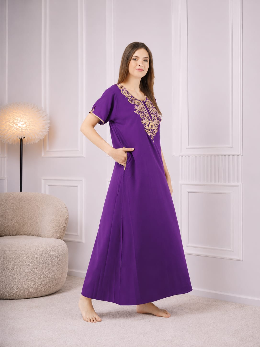 Creme Floral Embroidered  Nightgown