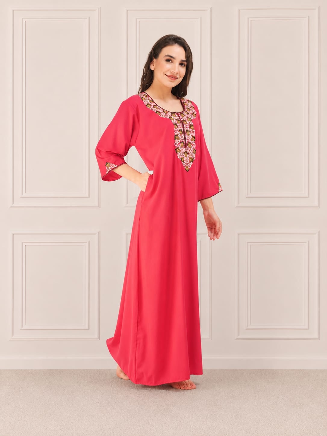 Flowerline Contrast Full Sleeve Night Gown