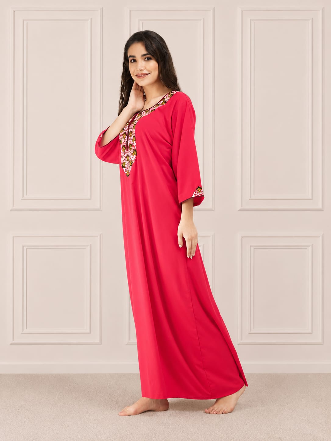 Flowerline Contrast Full Sleeve Night Gown