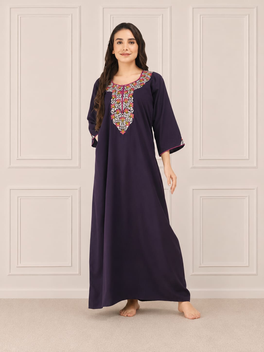 Flowerline Contrast Full Sleeve Night Gown