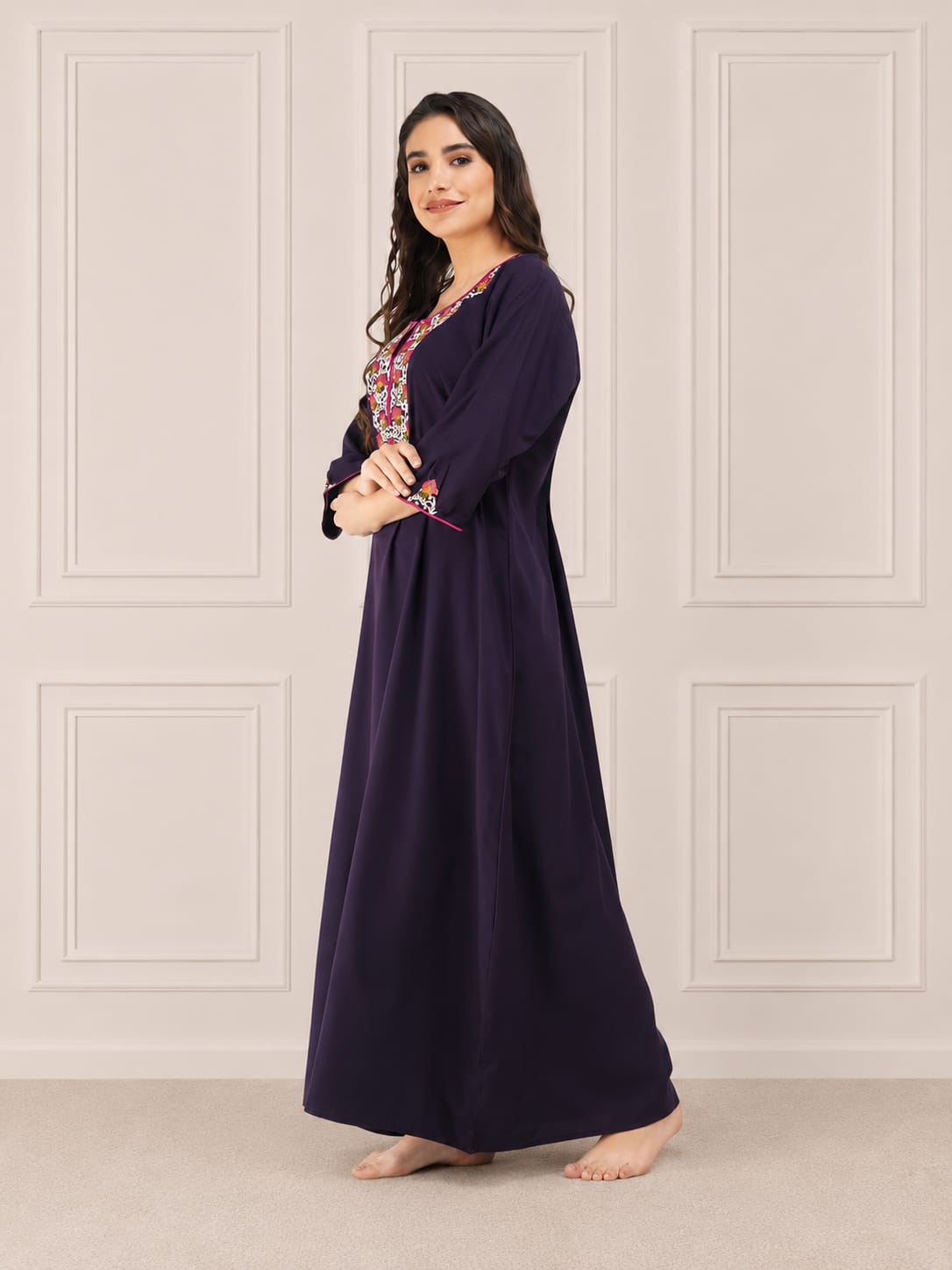 Flowerline Contrast Full Sleeve Night Gown