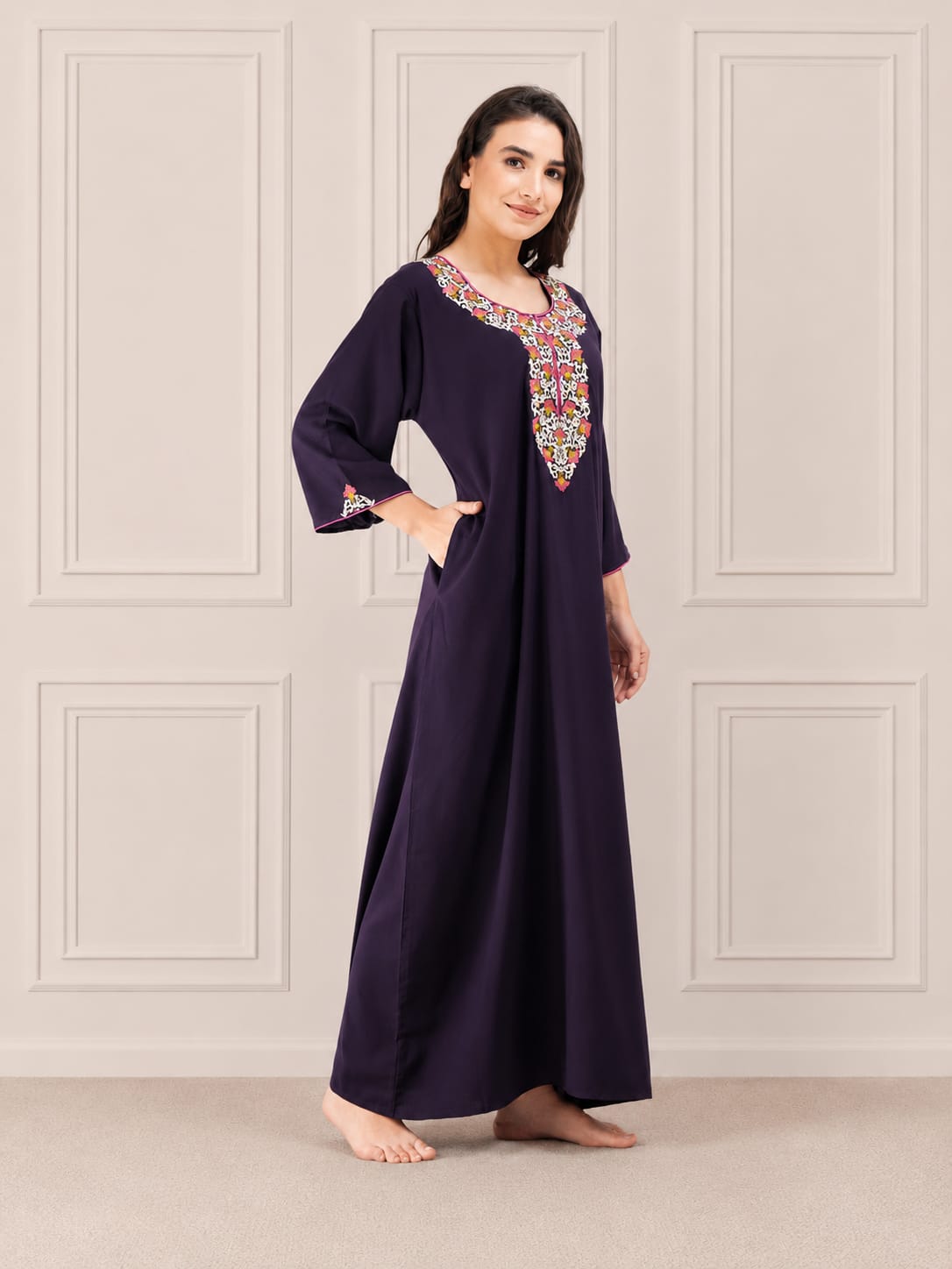 Flowerline Contrast Full Sleeve Night Gown