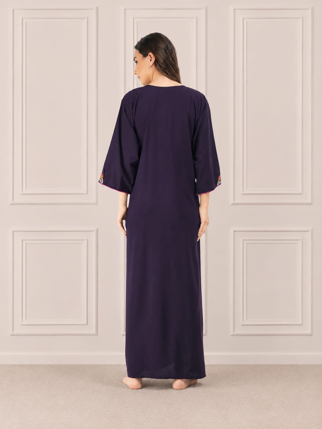 Flowerline Contrast Full Sleeve Night Gown
