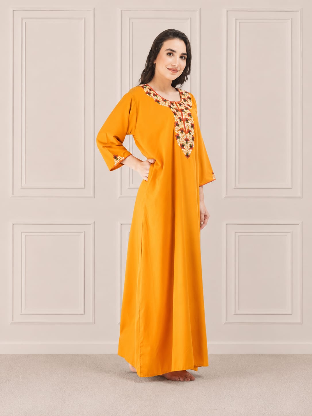 Flowerline Contrast Full Sleeve Night Gown