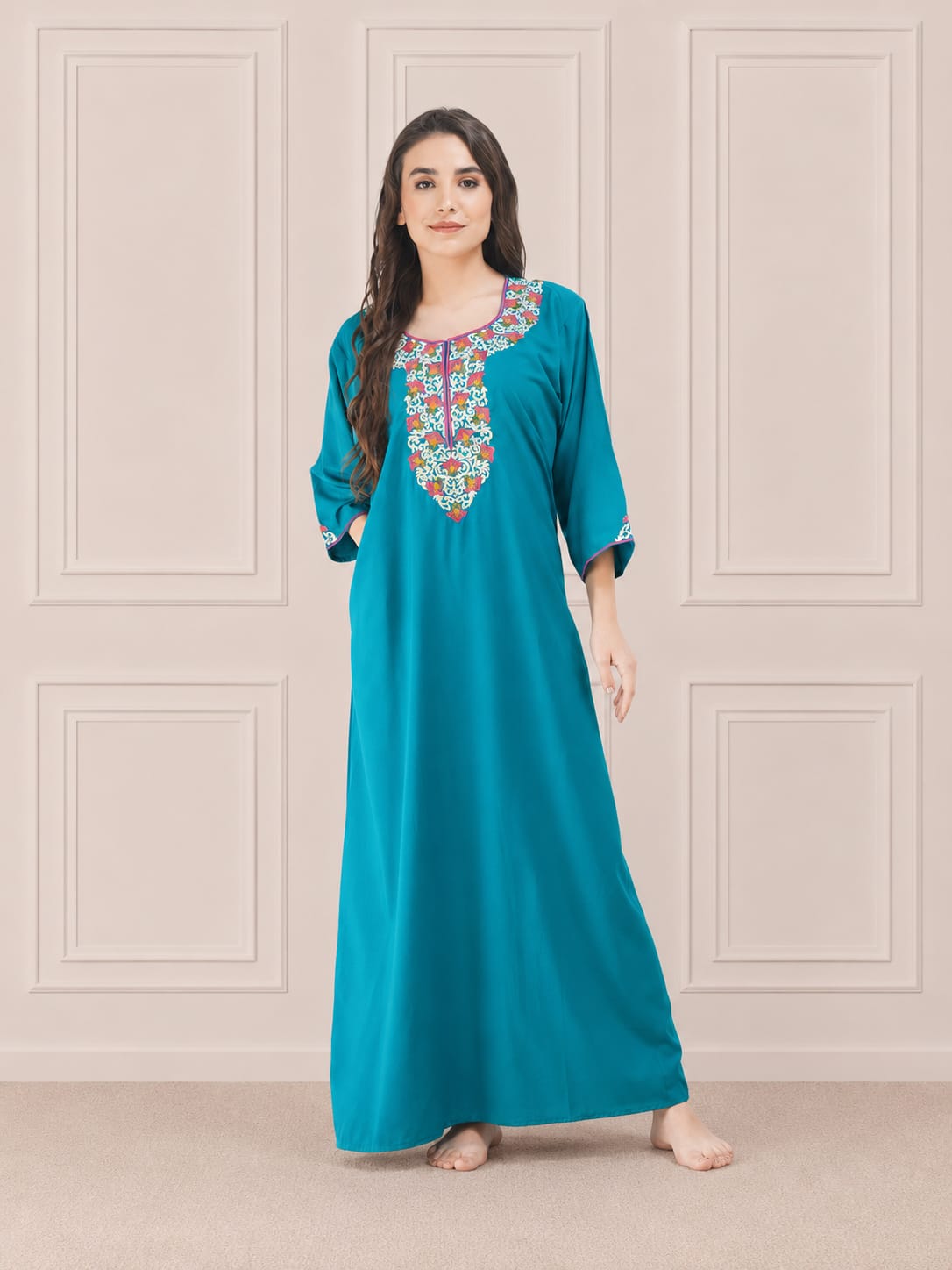 Flowerline Contrast Full Sleeve Night Gown