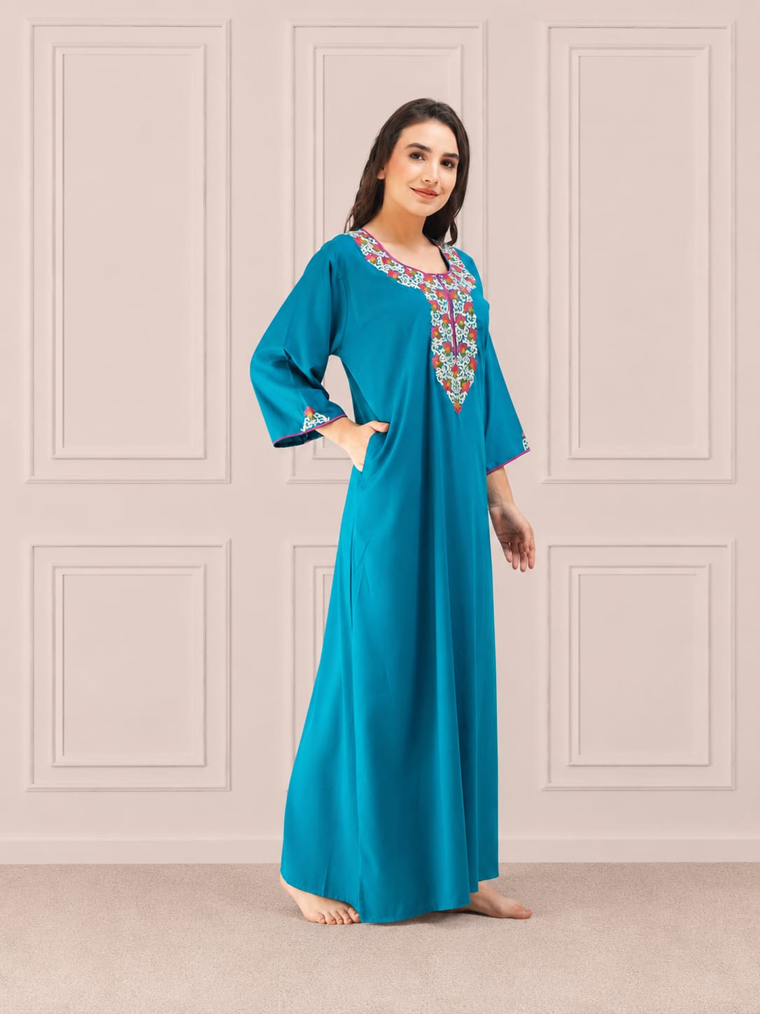 Flowerline Contrast Full Sleeve Night Gown