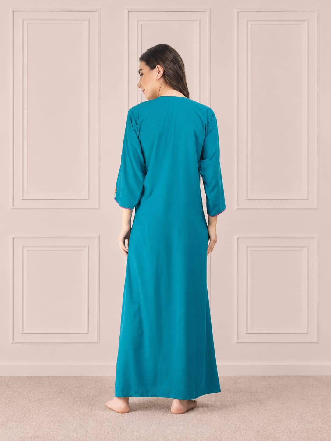 Flowerline Contrast Full Sleeve Night Gown