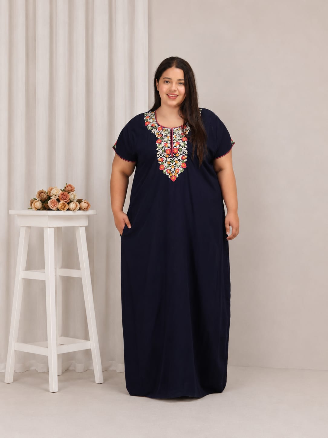 Flowerline Contrast Embroidered Nightgown