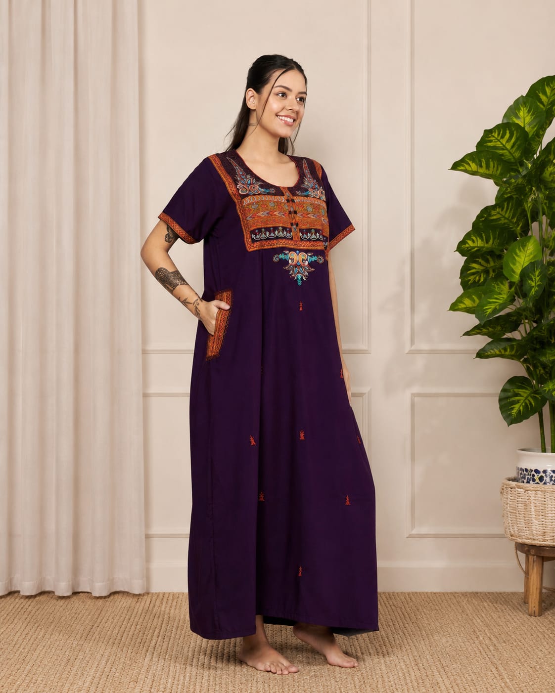 KOI SLEEPWEAR SQR neck bhopali embroidered gown