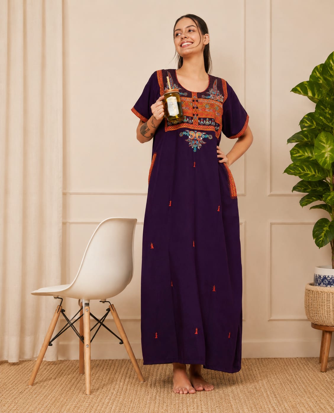 KOI SLEEPWEAR SQR neck bhopali embroidered gown