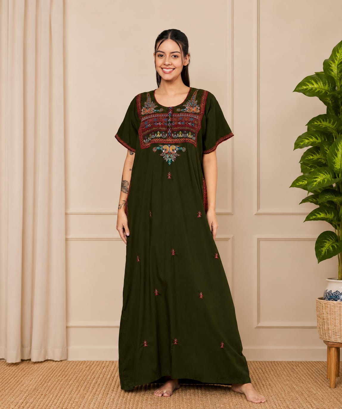 KOI SLEEPWEAR SQR neck bhopali embroidered gown