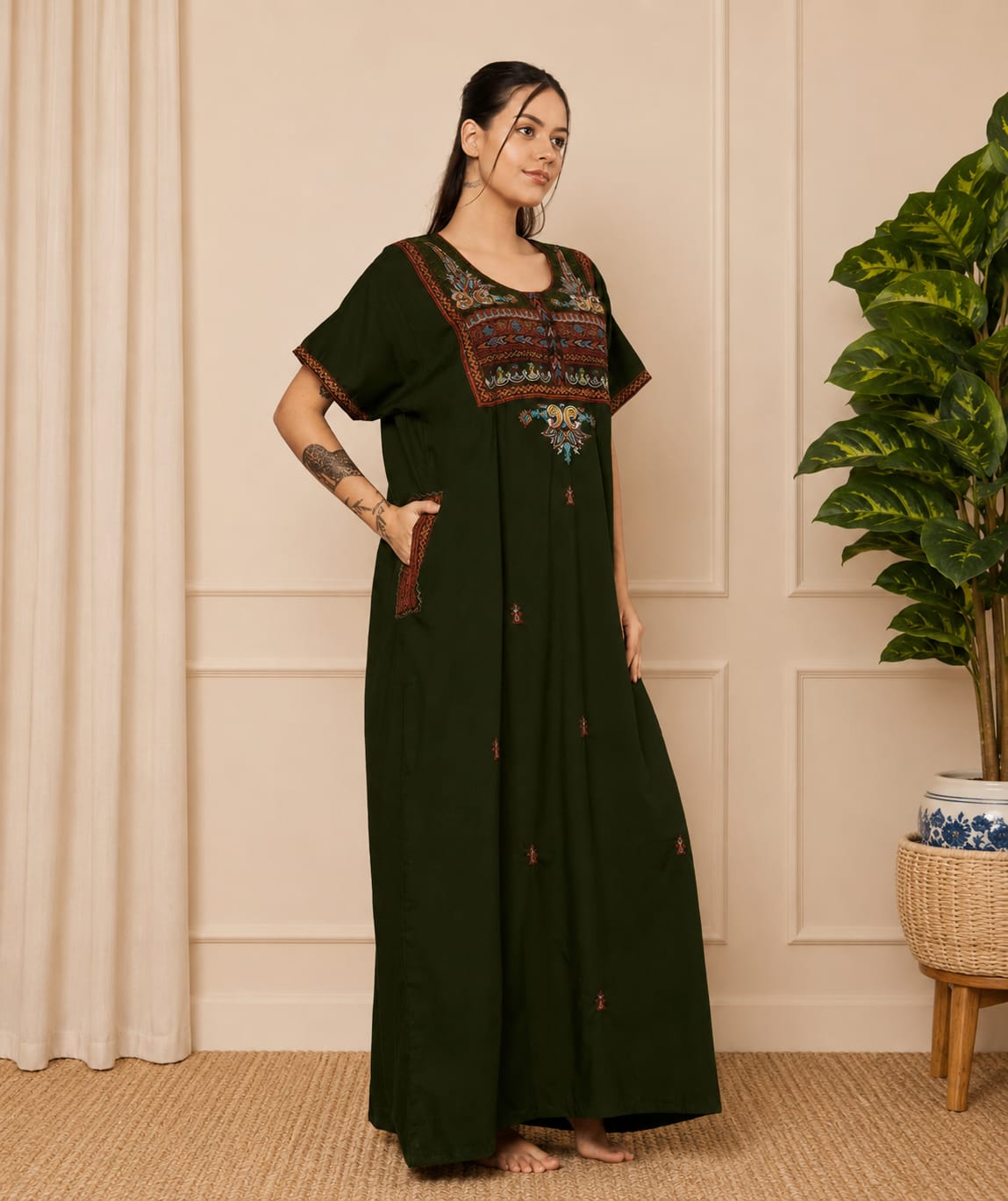 KOI SLEEPWEAR SQR neck bhopali embroidered gown