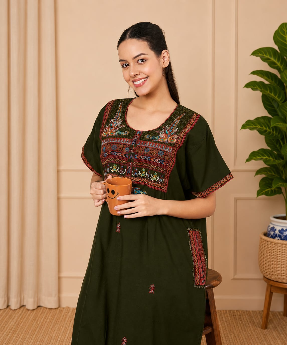 KOI SLEEPWEAR SQR neck bhopali embroidered gown