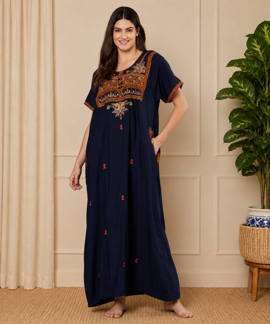 KOI SLEEPWEAR SQR neck bhopali embroidered gown