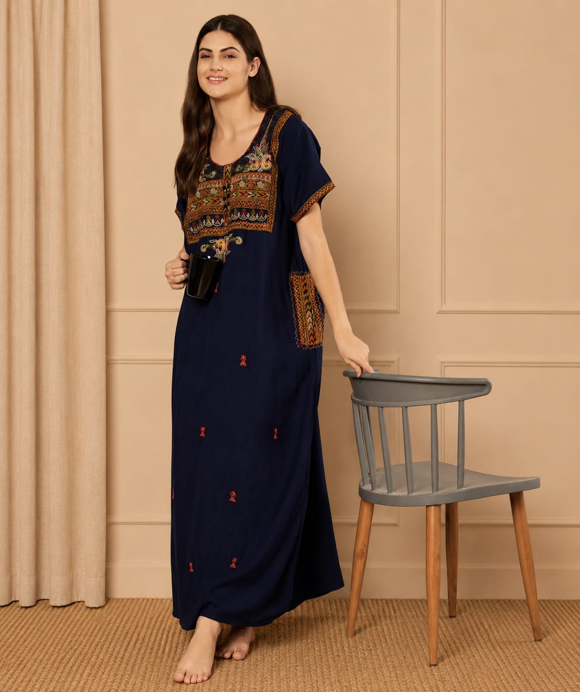 KOI SLEEPWEAR SQR neck bhopali embroidered gown