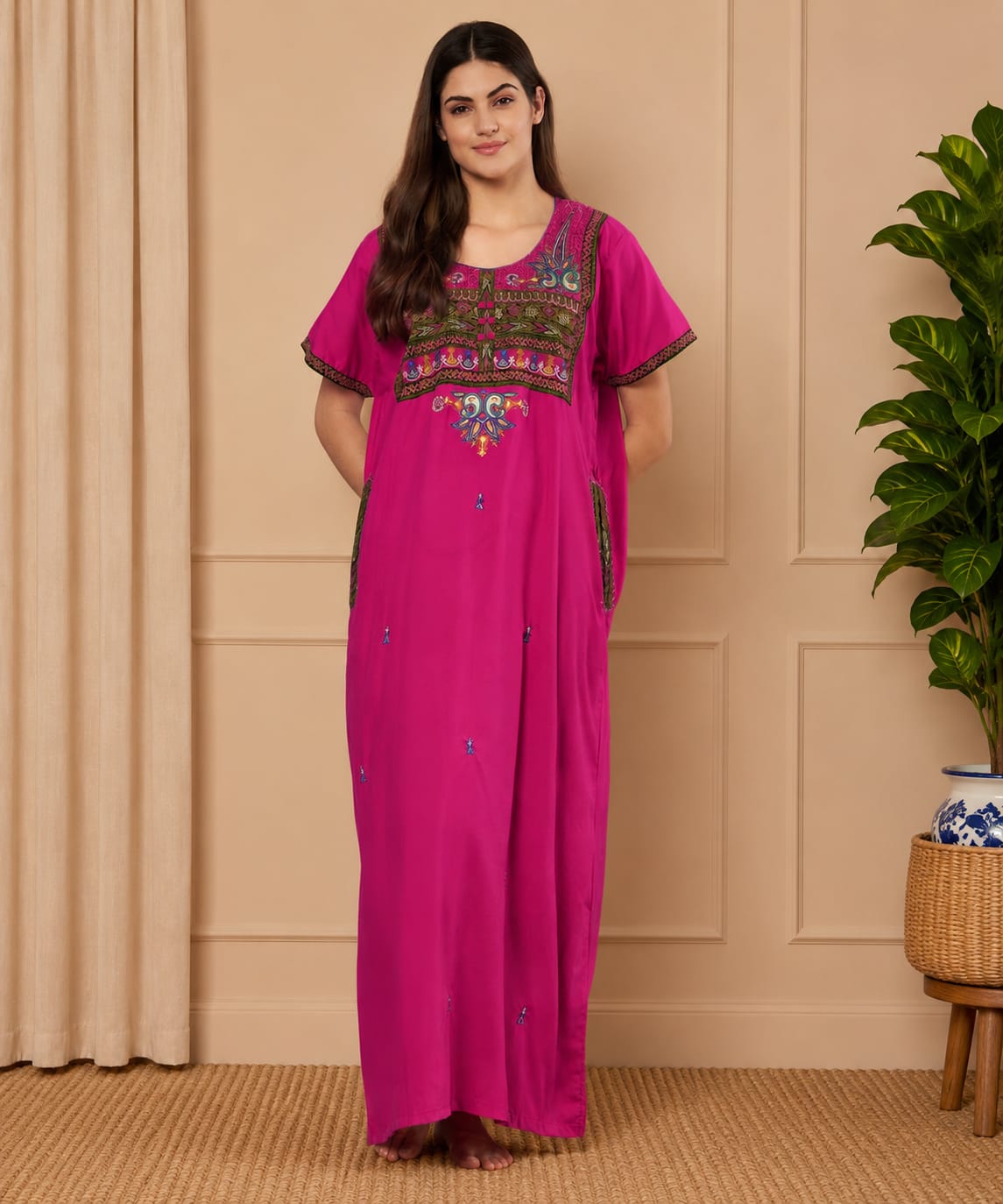 KOI SLEEPWEAR SQR neck bhopali embroidered gown