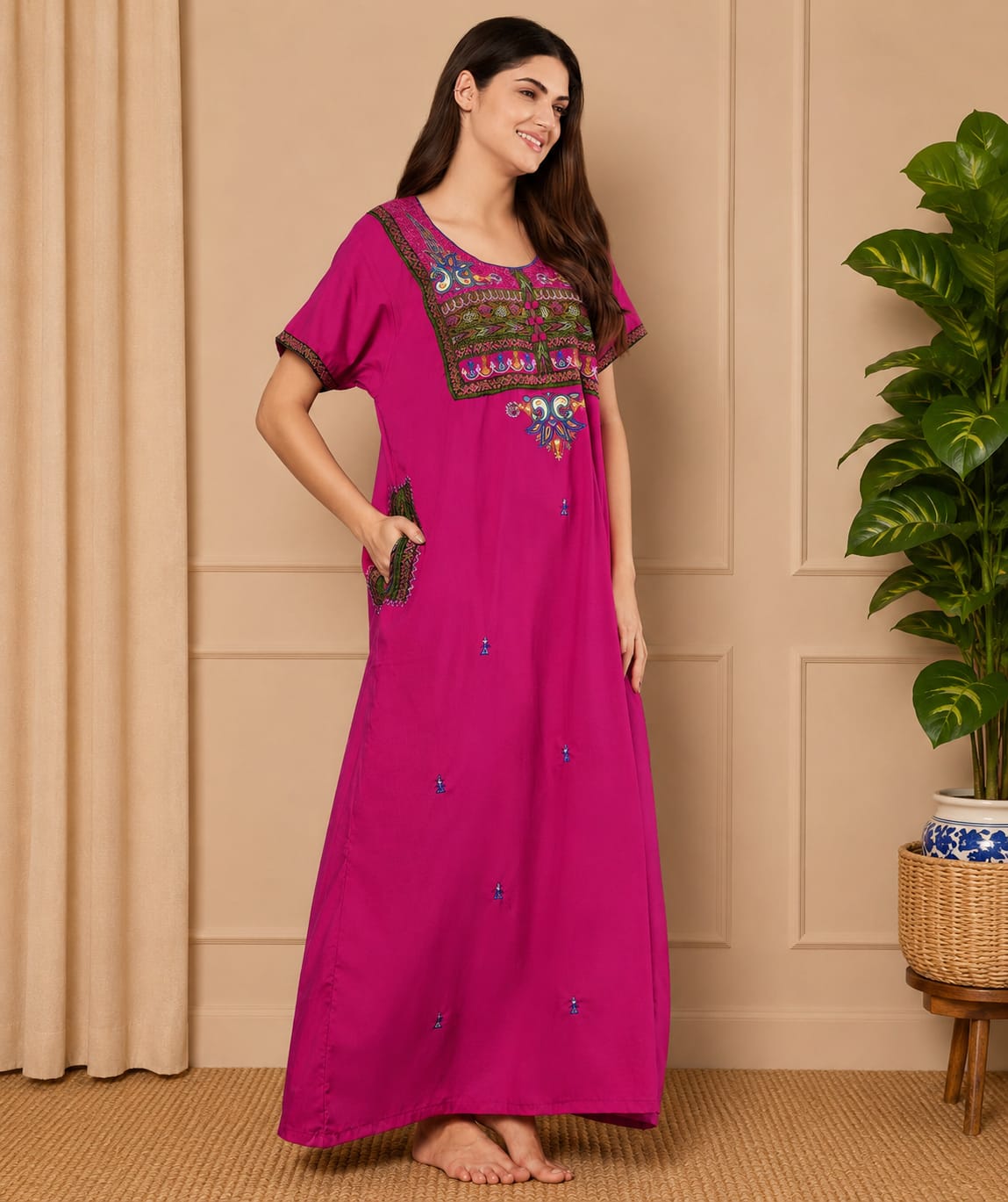 KOI SLEEPWEAR SQR neck bhopali embroidered gown