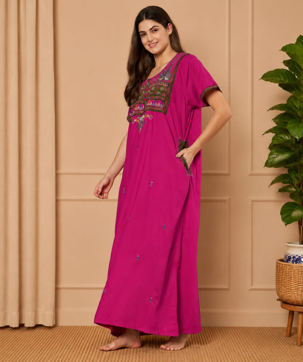 KOI SLEEPWEAR SQR neck bhopali embroidered gown