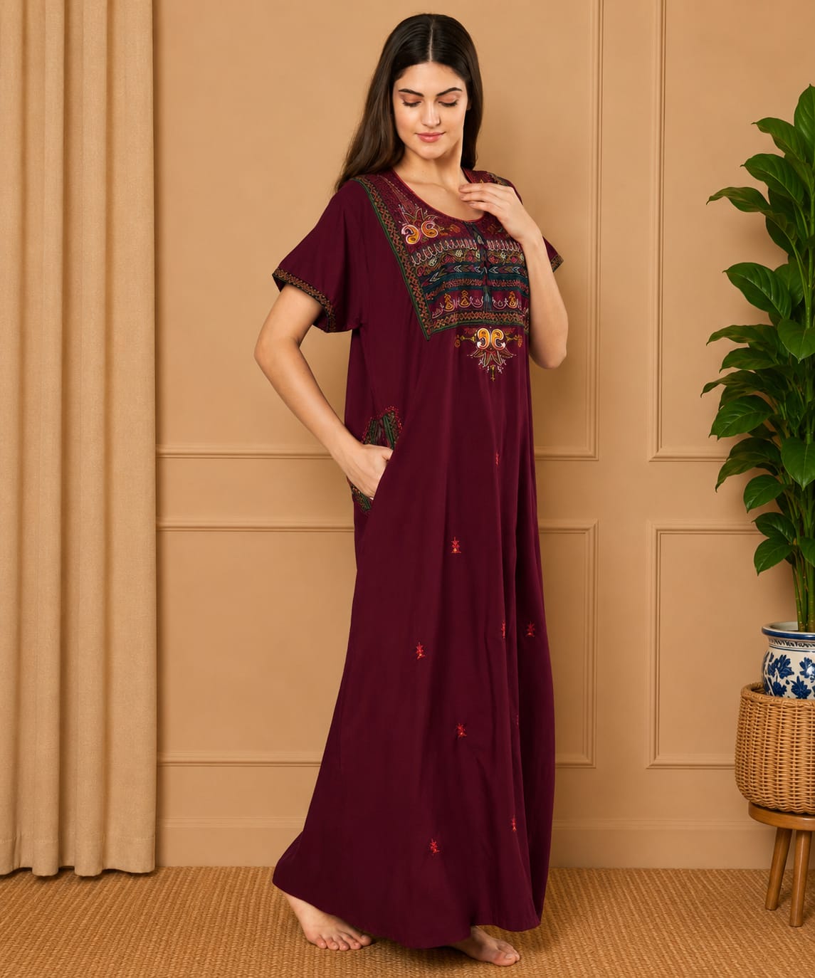 KOI SLEEPWEAR SQR neck bhopali embroidered gown