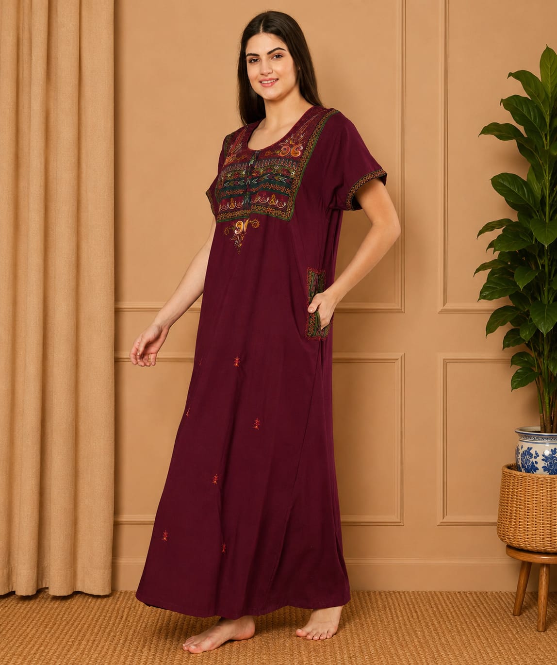 KOI SLEEPWEAR SQR neck bhopali embroidered gown