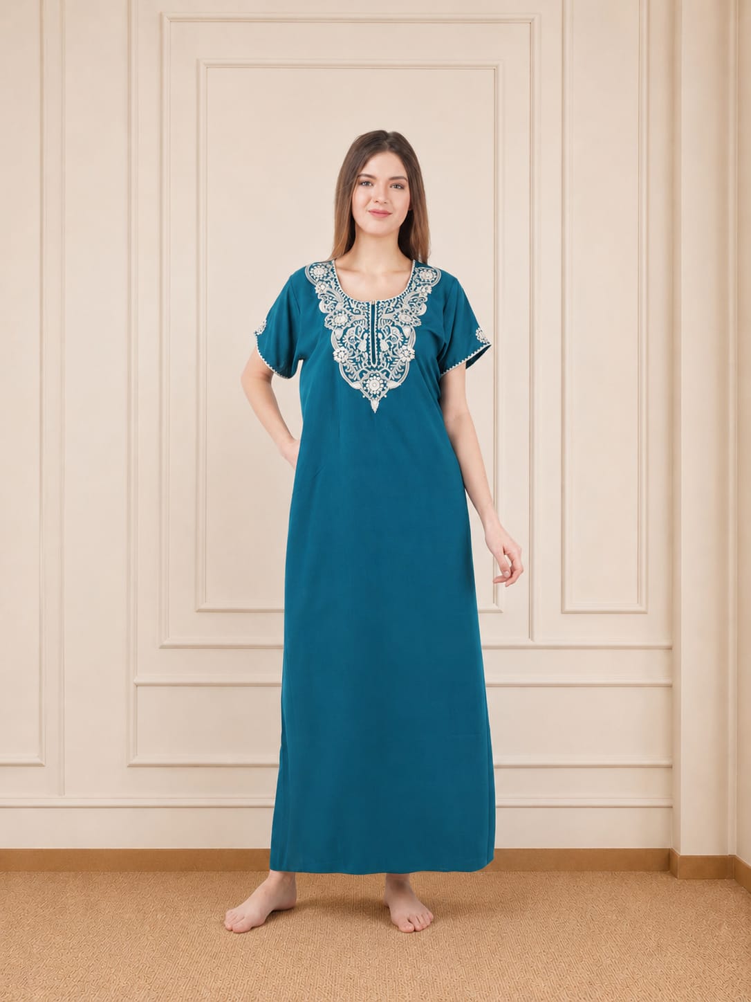White Floral Embroidered Nightgown