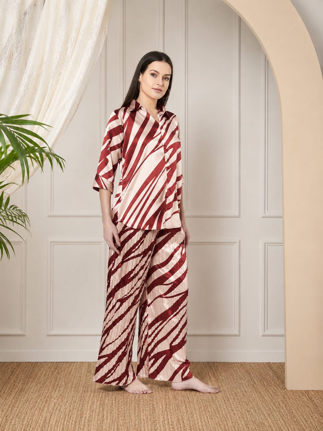 KOI SLEEPWEAR Zebra Print Satin Pleated Coord Set
