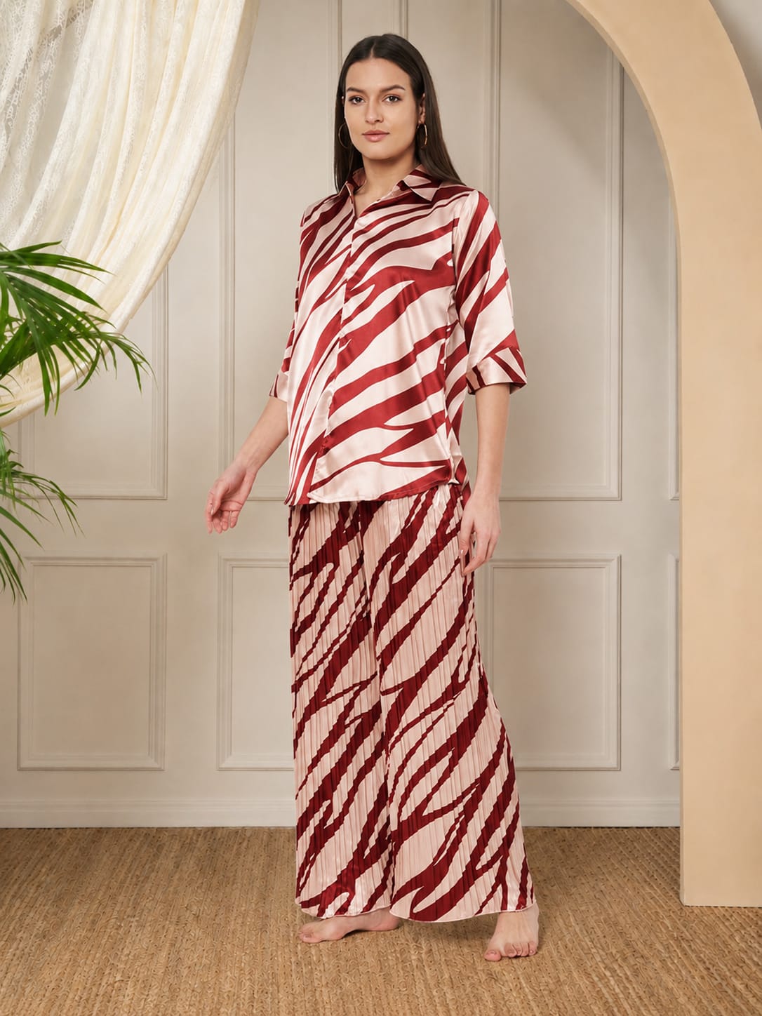 KOI SLEEPWEAR Zebra Print Satin Pleated Coord Set