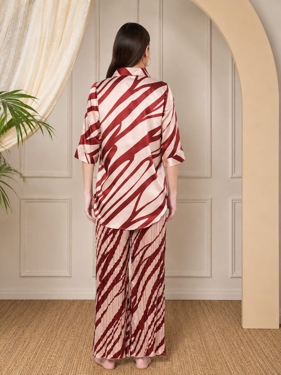 KOI SLEEPWEAR Zebra Print Satin Pleated Coord Set