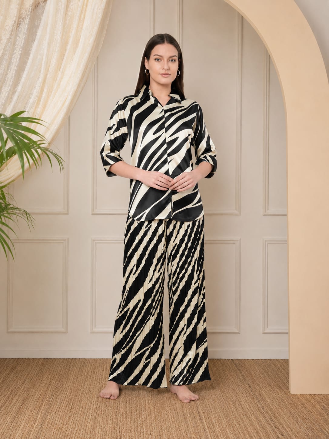 KOI SLEEPWEAR Zebra Print Satin Pleated Coord Set